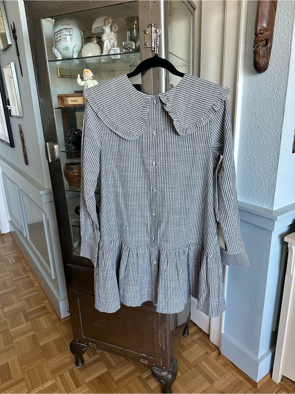 Striped Long-Sleeve Dress with Peter Pan Collar by Bohme in Gray/Navy